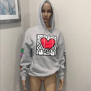 Keith Haring-Gray Hoodie with Heart Graphic